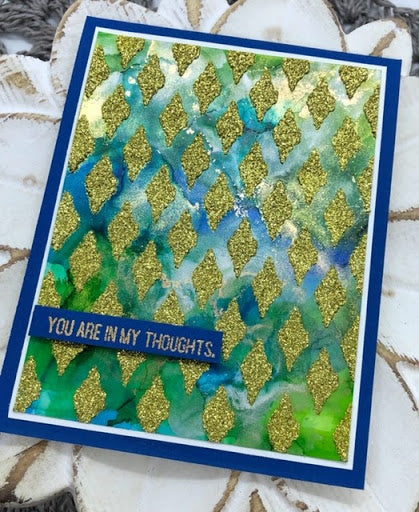 Gold Glitter Aztec Diamond Stencil Card by Eva